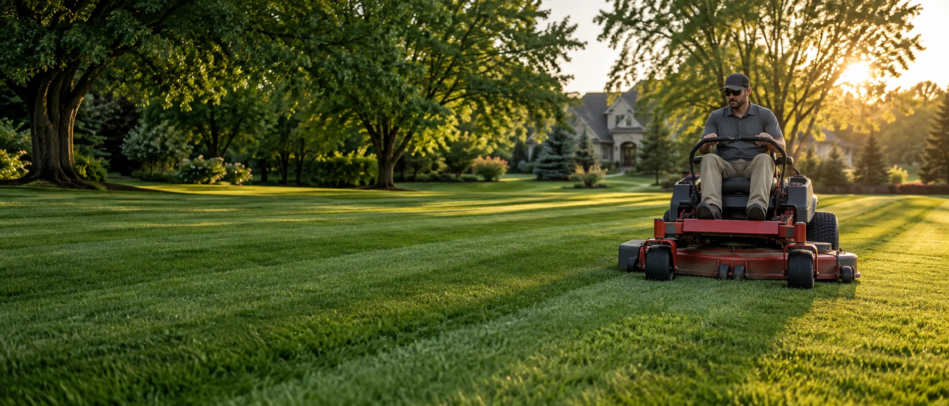 Illustrative lawn care professional mowing a striped Midwest lawn